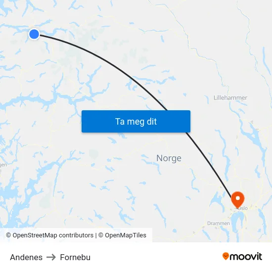 Andenes to Fornebu map