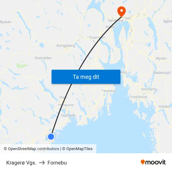Kragerø Vgs. to Fornebu map