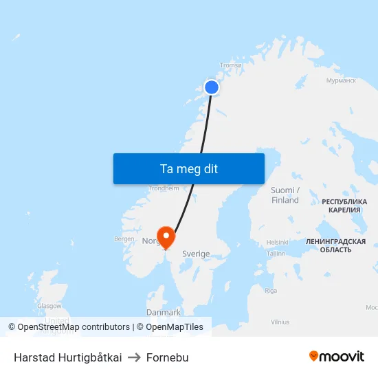 Harstad Hurtigbåtkai to Fornebu map