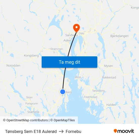 Tønsberg Sem E18 Aulerød to Fornebu map