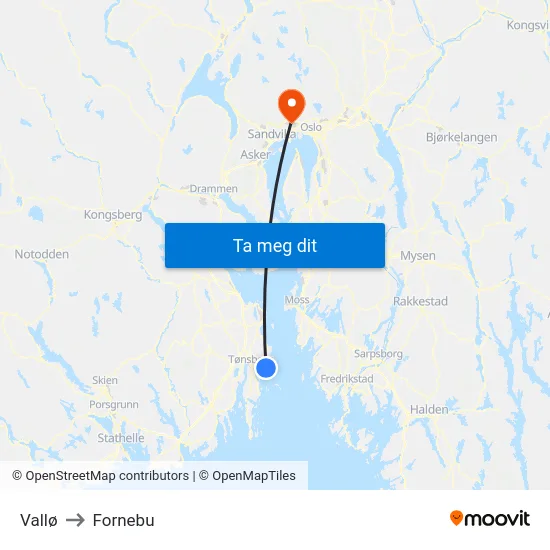 Vallø to Fornebu map