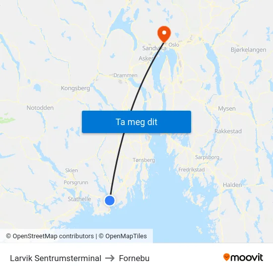 Larvik Sentrumsterminal to Fornebu map
