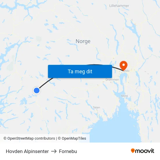 Hovden Alpinsenter to Fornebu map