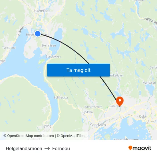 Helgelandsmoen to Fornebu map
