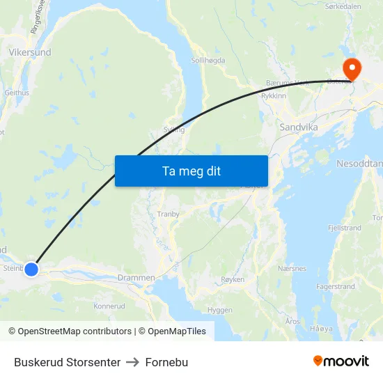 Buskerud Storsenter to Fornebu map