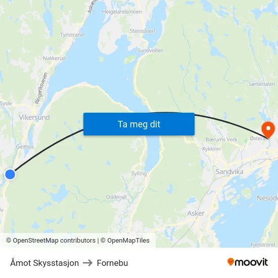 Åmot Skysstasjon to Fornebu map