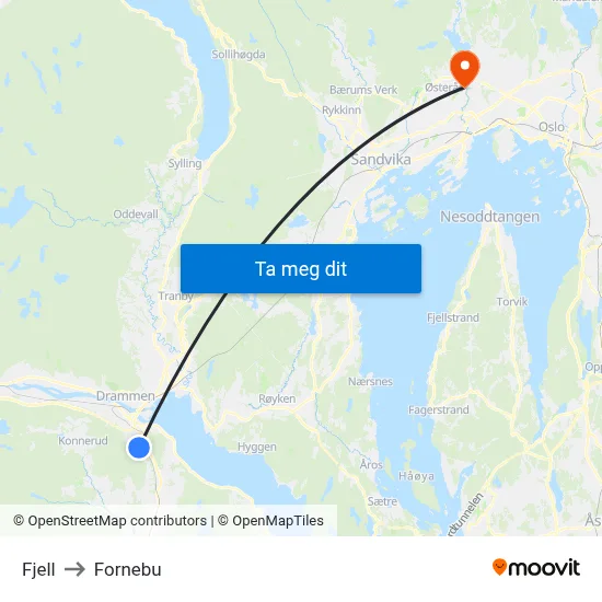 Fjell to Fornebu map