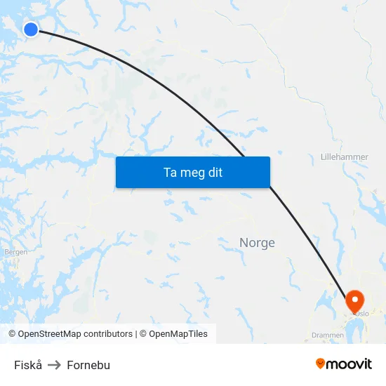 Fiskå to Fornebu map
