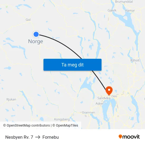 Nesbyen Rv. 7 to Fornebu map