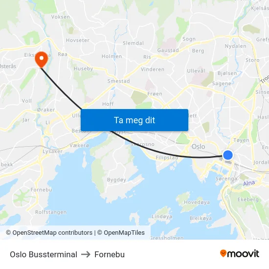 Oslo Bussterminal to Fornebu map