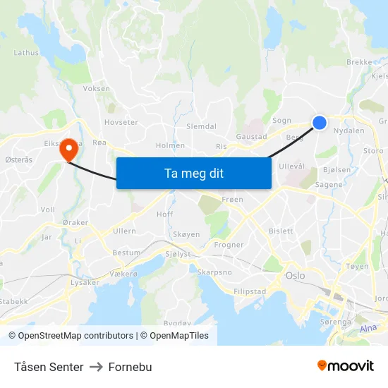 Tåsen Senter to Fornebu map