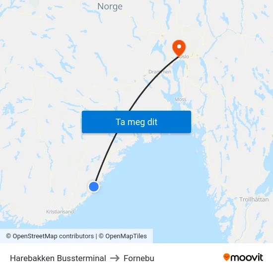 Harebakken Bussterminal to Fornebu map