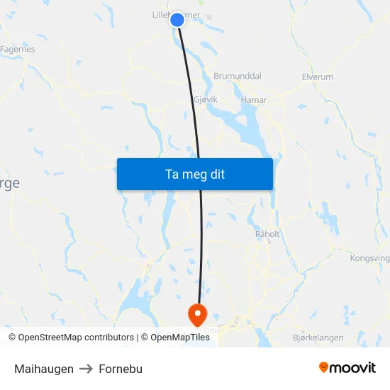 Maihaugen to Fornebu map