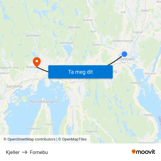Kjeller to Fornebu map
