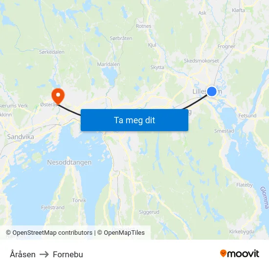 Åråsen to Fornebu map