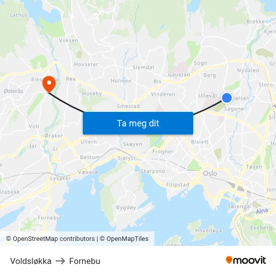 Voldsløkka to Fornebu map