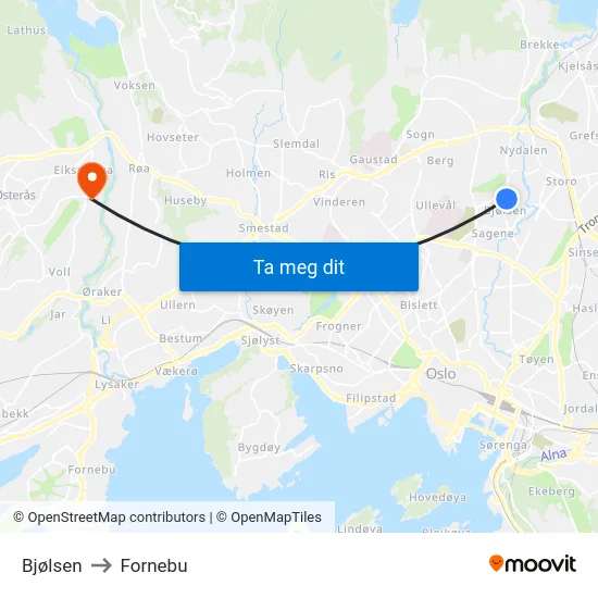 Bjølsen to Fornebu map