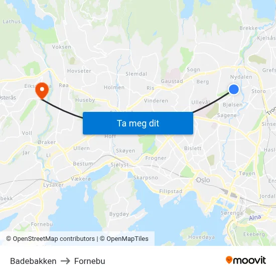 Badebakken to Fornebu map