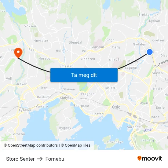 Storo Senter to Fornebu map