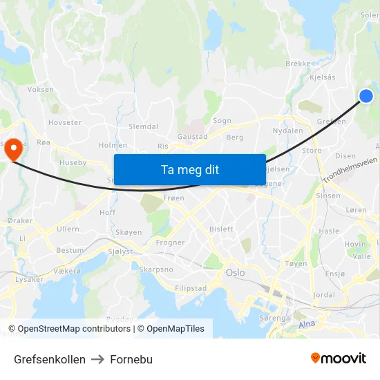 Grefsenkollen to Fornebu map
