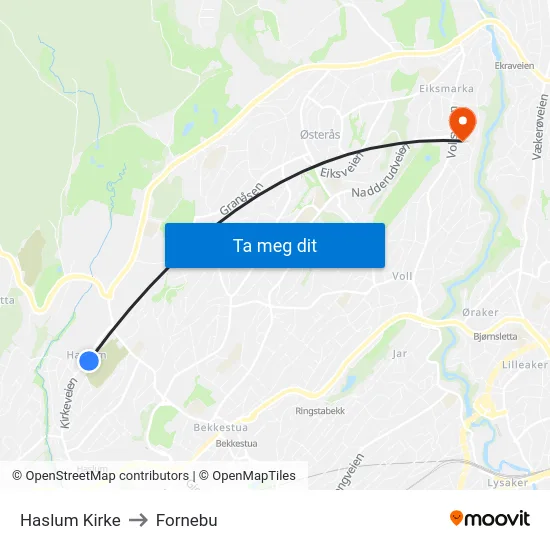 Haslum Kirke to Fornebu map