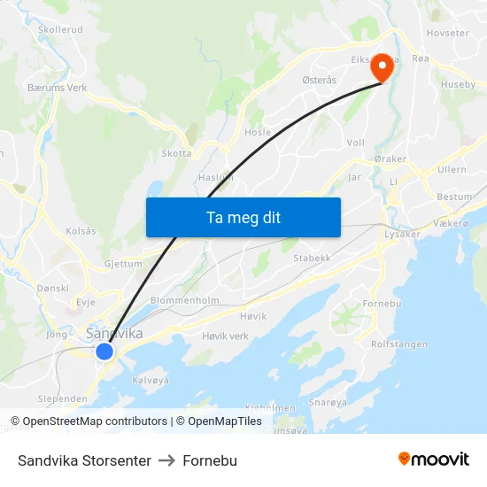 Sandvika Storsenter to Fornebu map
