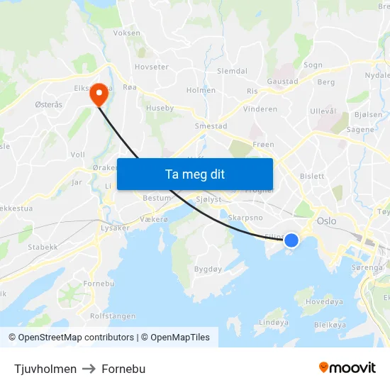 Tjuvholmen to Fornebu map