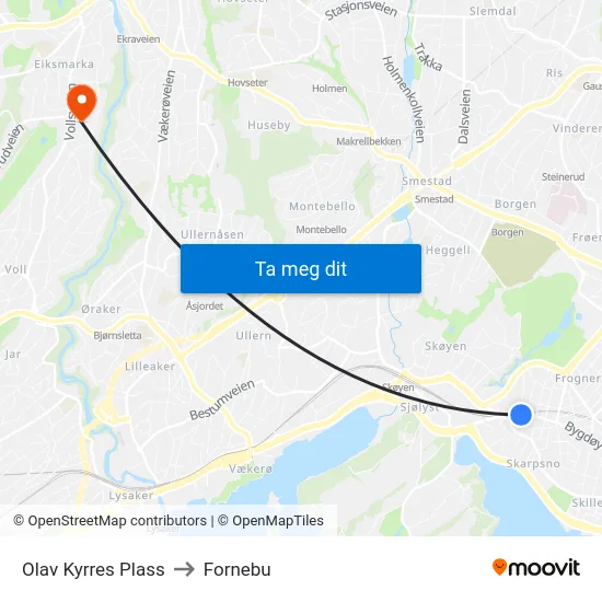 Olav Kyrres Plass to Fornebu map