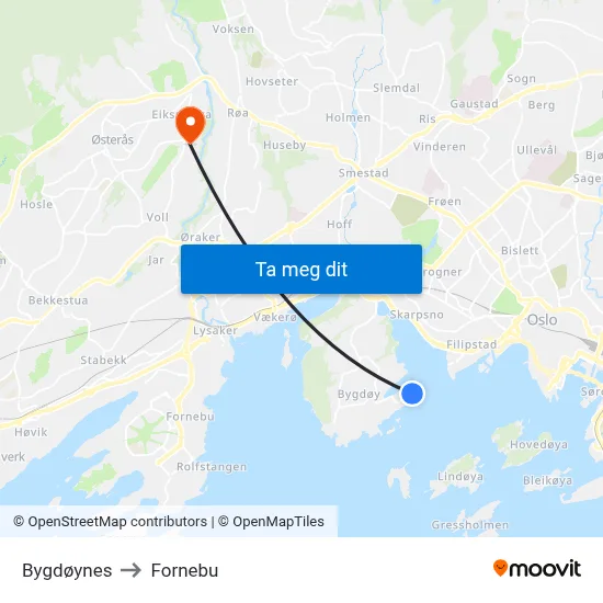 Bygdøynes to Fornebu map