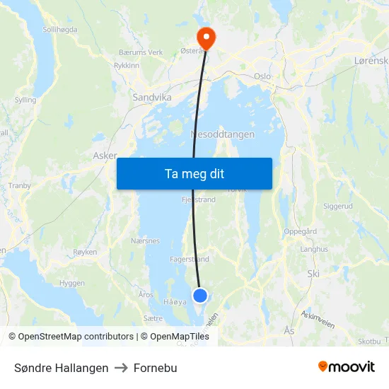 Søndre Hallangen to Fornebu map