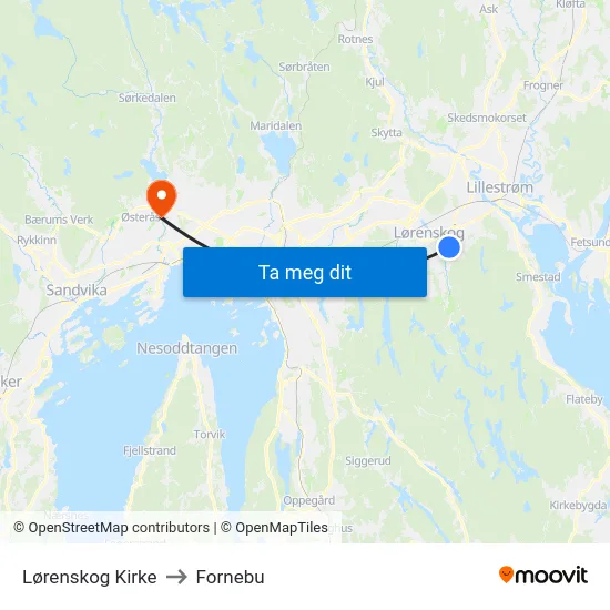 Lørenskog Kirke to Fornebu map