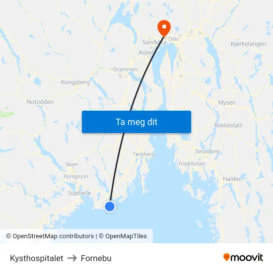 Kysthospitalet to Fornebu map