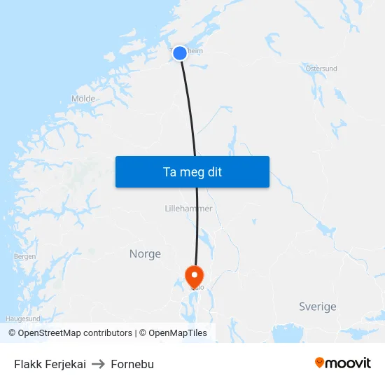 Flakk Ferjekai to Fornebu map
