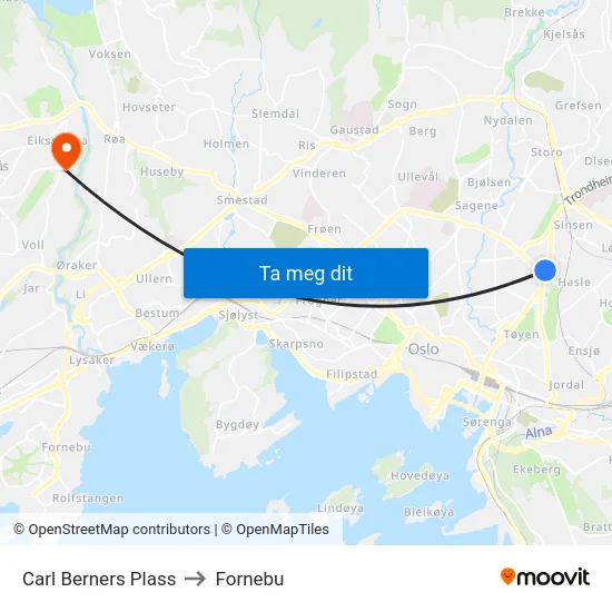 Carl Berners Plass to Fornebu map