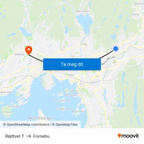 Rødtvet T to Fornebu map