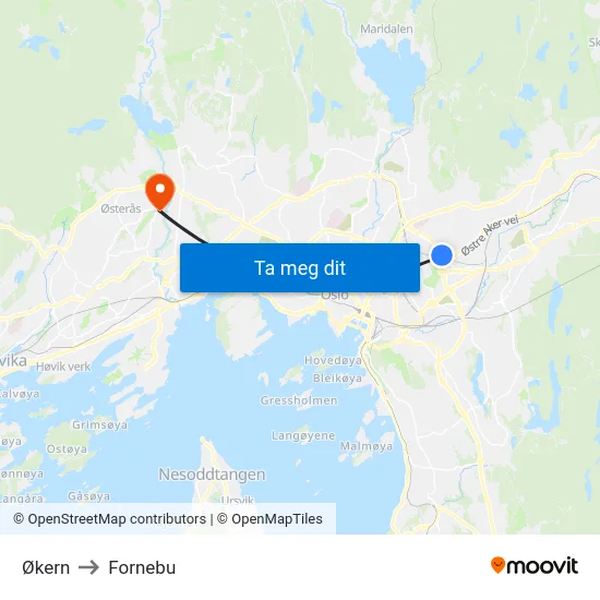 Økern to Fornebu map