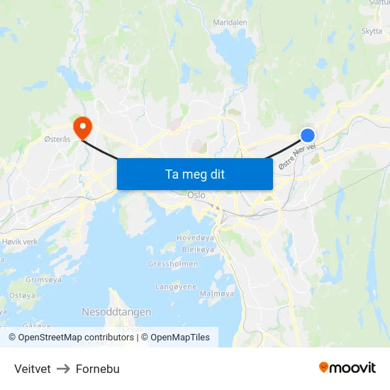 Veitvet to Fornebu map