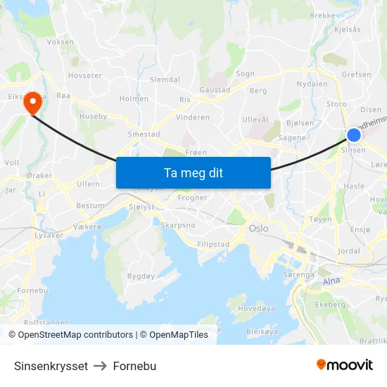 Sinsenkrysset to Fornebu map
