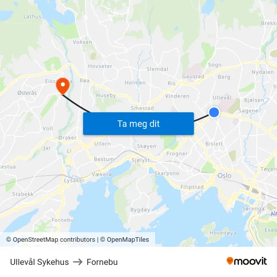 Ullevål Sykehus to Fornebu map