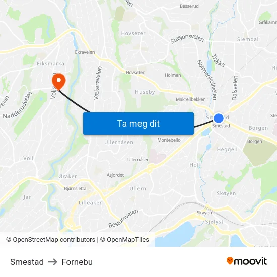 Smestad to Fornebu map