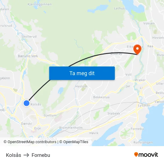 Kolsås to Fornebu map