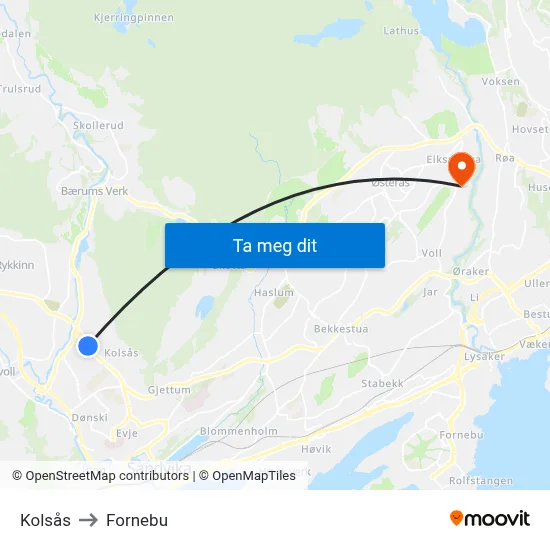 Kolsås to Fornebu map