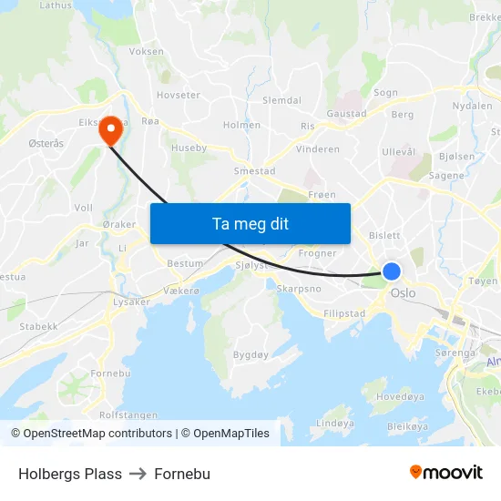 Holbergs Plass to Fornebu map