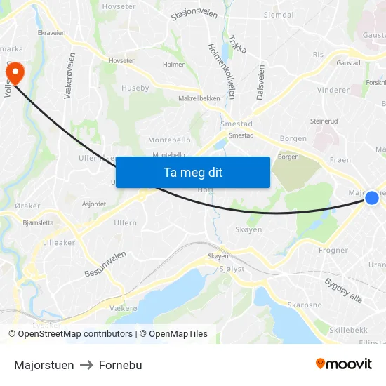 Majorstuen to Fornebu map