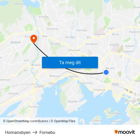 Homansbyen to Fornebu map