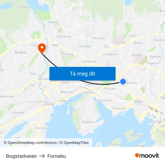 Bogstadveien to Fornebu map
