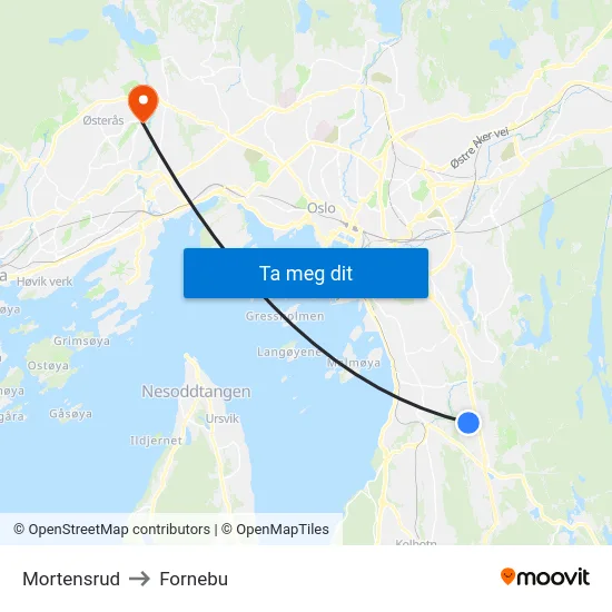 Mortensrud to Fornebu map