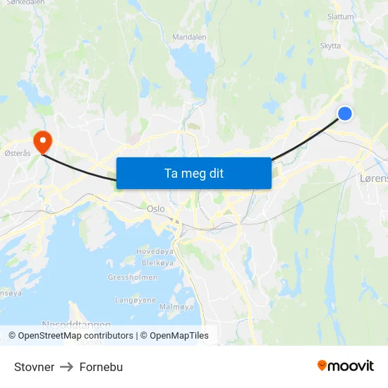 Stovner to Fornebu map