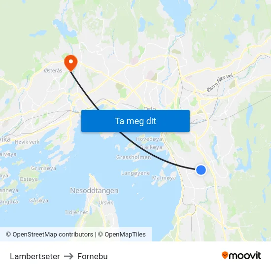 Lambertseter to Fornebu map