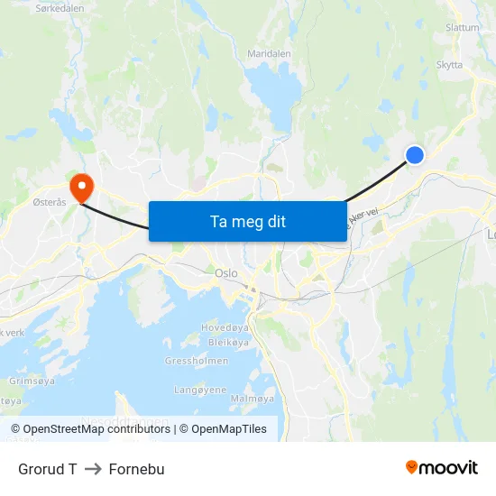 Grorud T to Fornebu map